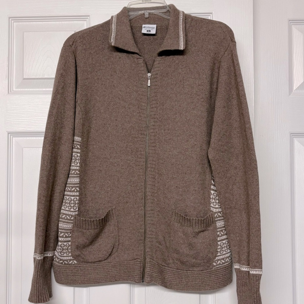 Columbia SOFT Zip Front Angora Blend Tan Collared Cardigan Sweater Sz XL